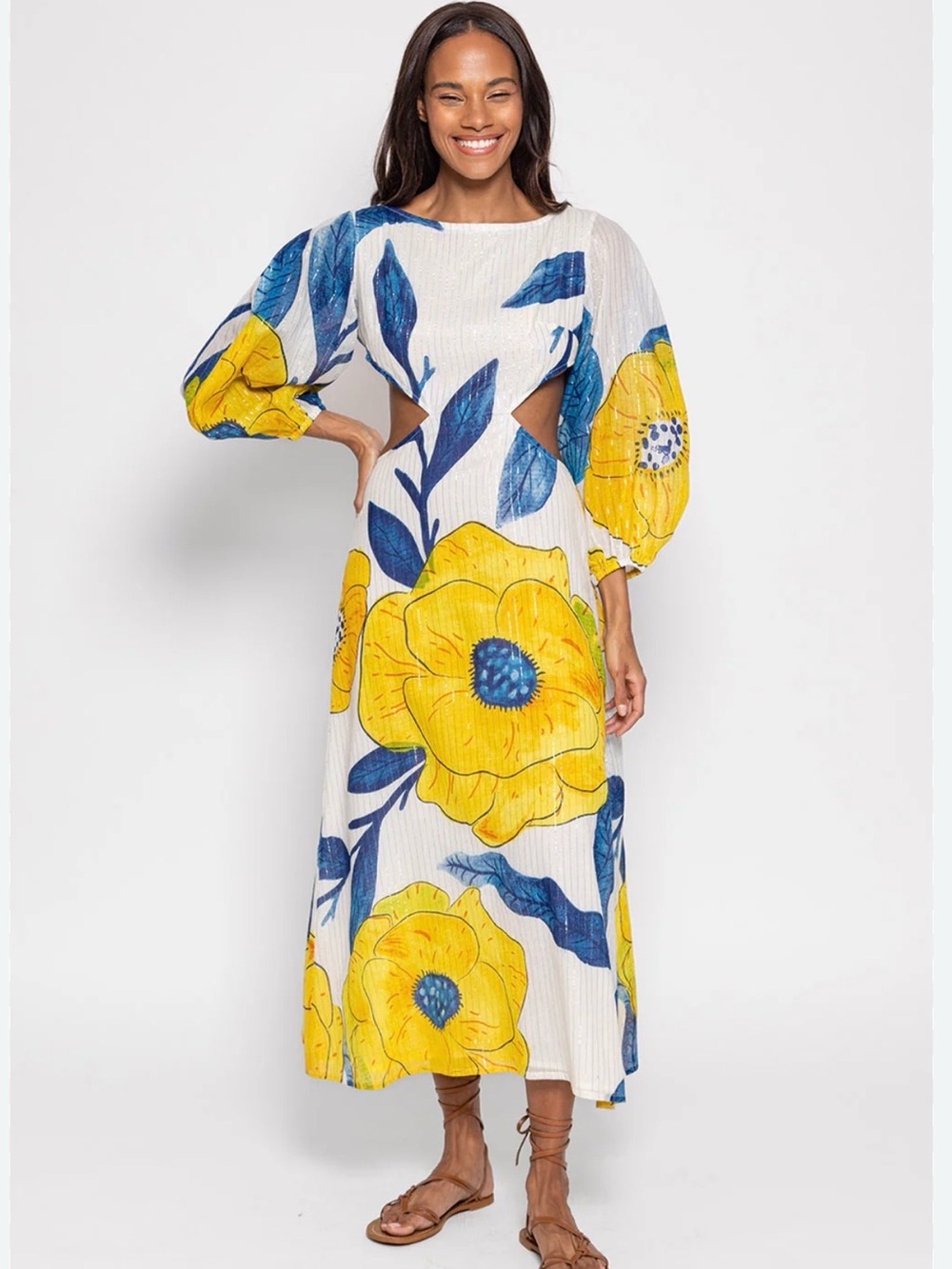 Sundress Simona Women's Yellow Floral Cutout Midi Dress